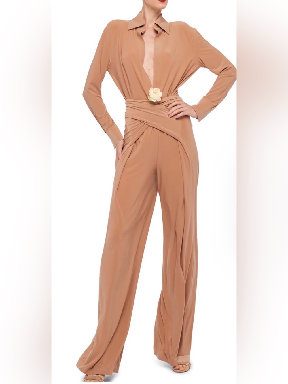 Norma Kamali NWT New tie front wide leg jumpsuit full catsuit four sleeve NK tan
